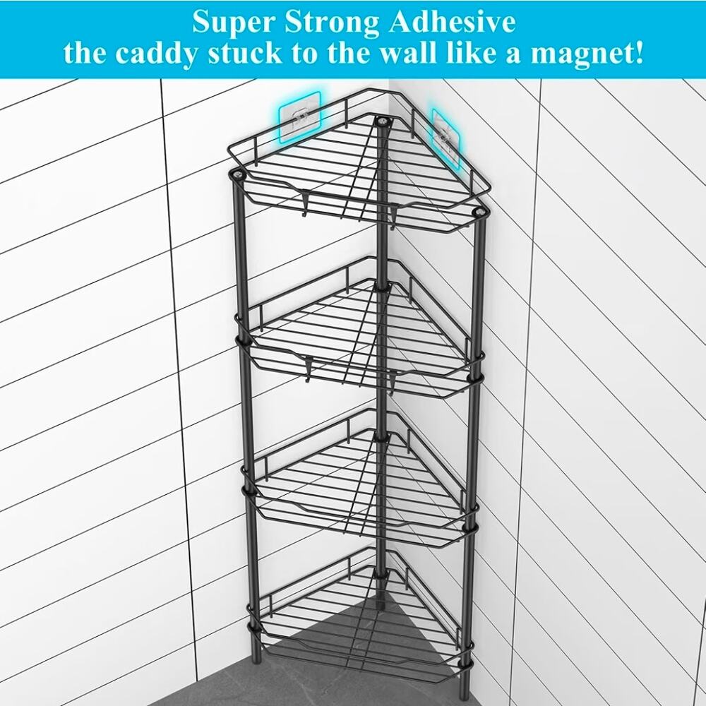4 Tier Floor Standing Corner Shower Caddy Organizer Shelf with Hooks, Black - Picture 3 of 5
